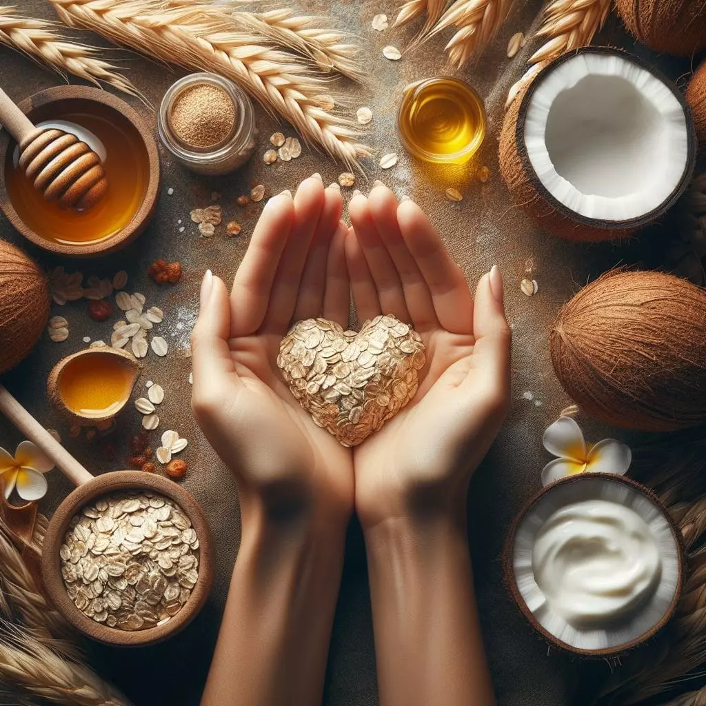 Mãos segurando um coração de aveia, com coco, aveia e mel ao redor